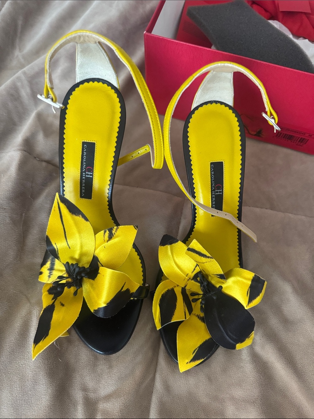 Carolina Herrera Yellow and Black Floral Slingback Heels